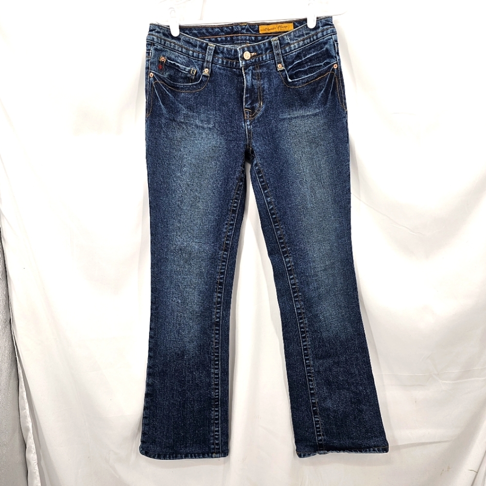 Seven7 Women’s Mid Rise Classic Flare Blue Jeans Size 32 Flap Pockets 31 Inseam.